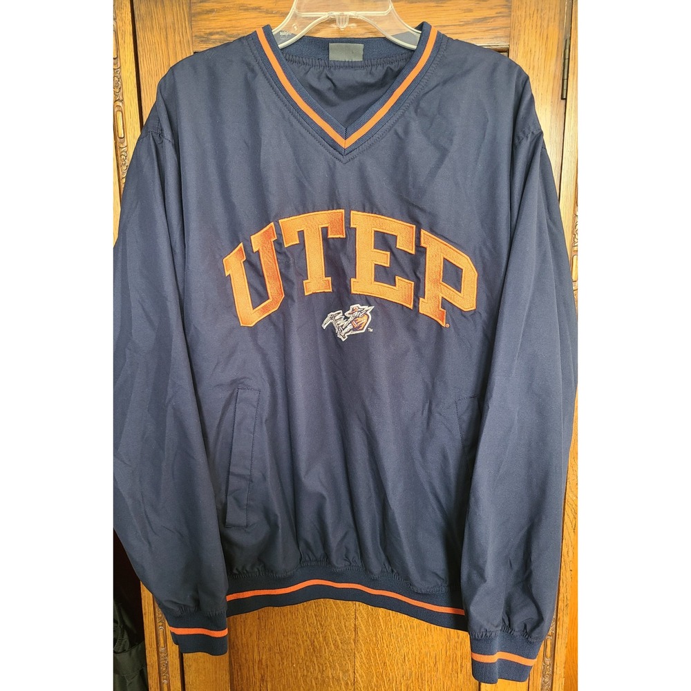 Pro Edge UTEP Miners V-Neck Windbreaker Pullover Navy Blue Orange Mens Medium